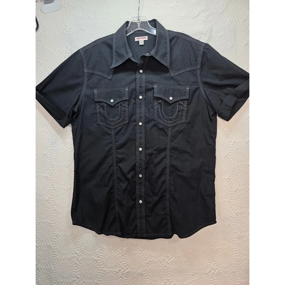 True Religion Western Shirt Mens XL Black Excellent Pearl Snap Big T Shirt